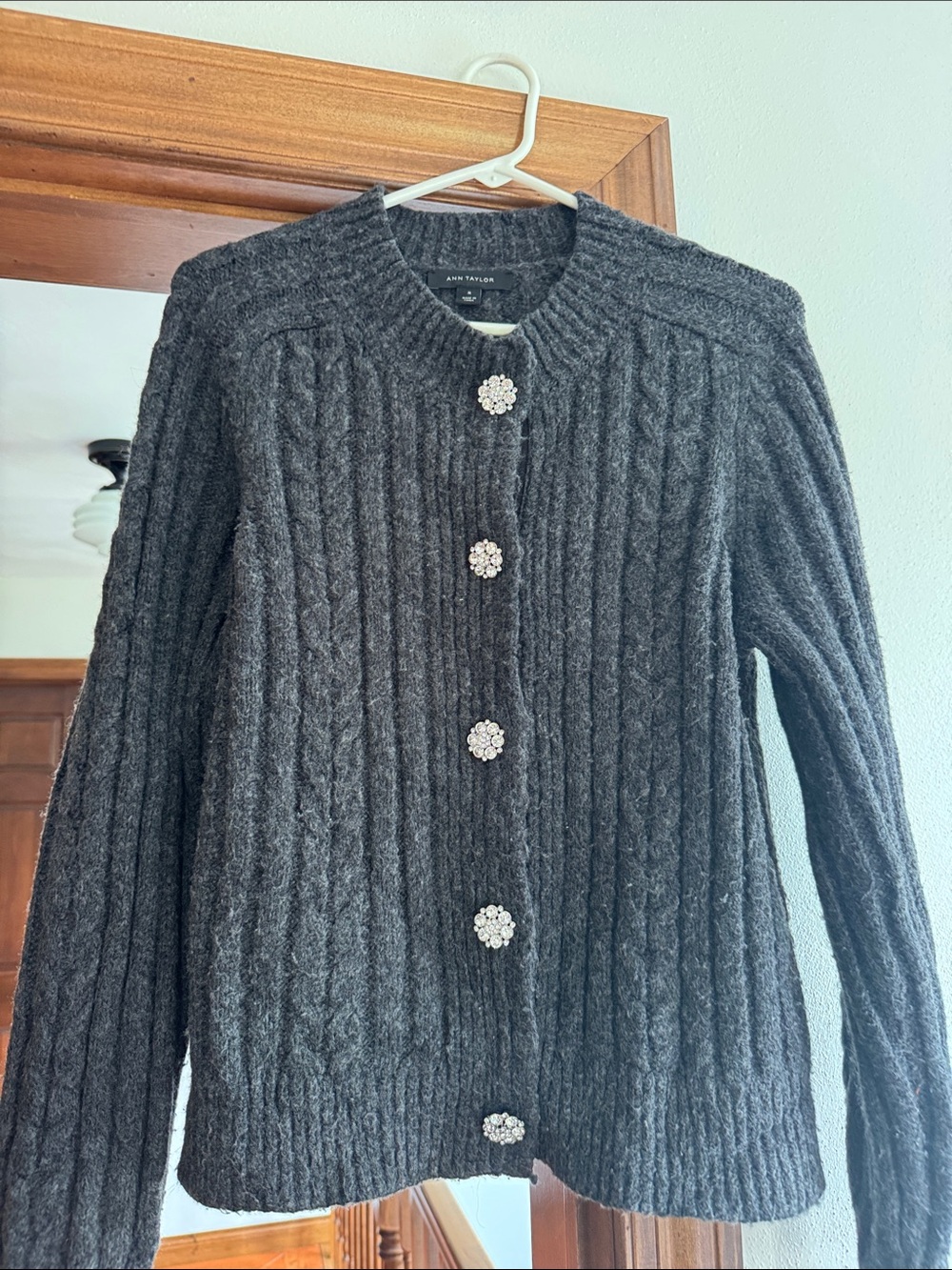 Ann Taylor Charcoal Cable Knit Cardigan with Rhinestone Buttons - Picture 1 of 3